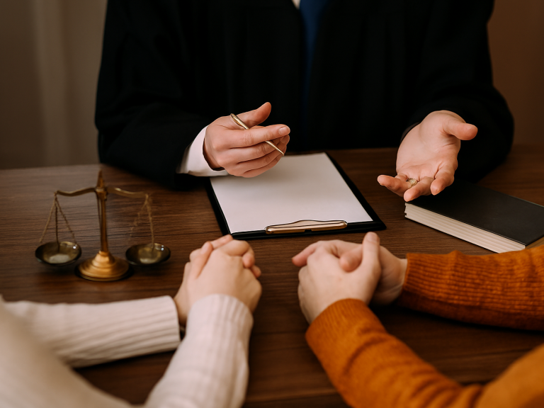 Derecho de Familia Un abogado habla mientras dos personas se sostienen las manos sobre una mesa.
