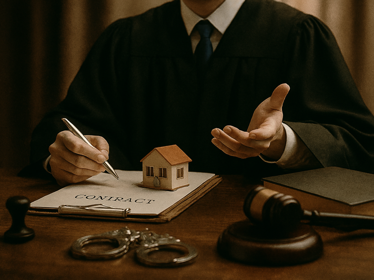 Derecho Penal Un juez firma documentos con un modelo de casa y esposas en la mesa.