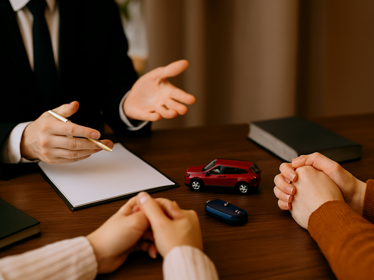 Derecho de Seguros Reunión sobre un accidente de coche, con maquetas y un bloc de notas en la mesa.