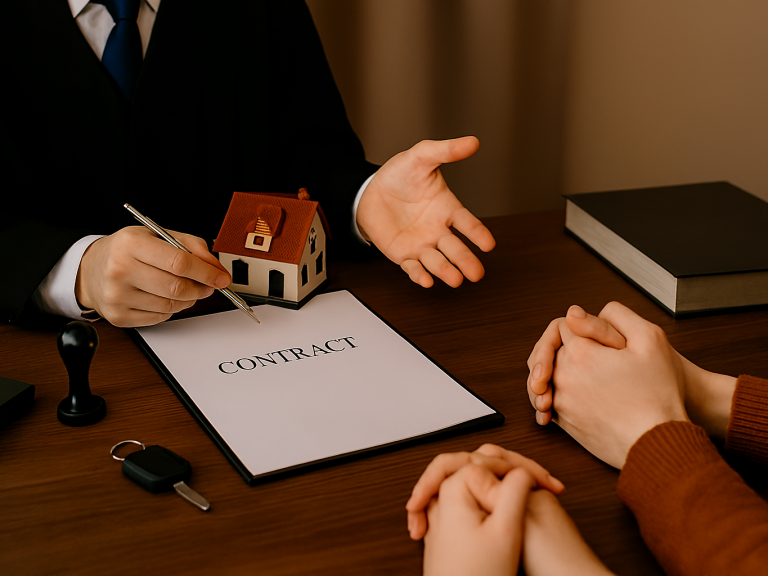 Derecho Civil Abogado con un contrato en la mesa hablando con los cliente.