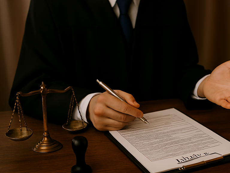 Derecho Administrativo Persona con traje sosteniendo un bolígrafo sobre unos documentos, junto a una balanza de justicia.